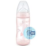 NUK First Choice+ Biberón para bebés de 0 a 6 meses, con control de temperatura, botella de 300 ml con válvula anticólicos, sin BPA, tetina de silicona, color rosa