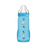 MAM Easy Active Baby Bottle, Biberón Grande de Aprendizaje Ergonómico Fácil de Agarrar, Tetina nº 3 de Silicona y Tapa Antigoteo, 4+ meses, Azul, 330 ml