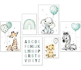 artpin® Set de pósteres DIN A3, imágenes decorativas para habitación de niños y niñas, 4 x A3 y 2 x A4, arco iris ABC Safari, animales menta, P70