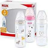 NUK First Choice+ - Juego de biberones para bebé, 0-6 meses, control de temperatura, ventilación anti cólicos, 300 ml, sin BPA, tetina de silicona, 3 unidades, jirafa rosa (10225265)
