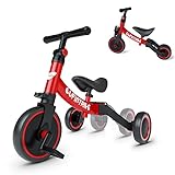 besrey Triciclos para Niños, 5 en 1 Una Bici Multifunción, Adecuado para niños de 1-4 años,Triciclo,Bicicleta,Carro de Equilibrio,Caminante, Altura del Asiento Regulable, Rojo