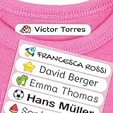 50 Etiquetas adhesivas para ropa personalizadas. Pegatinas termoadhesivas con nombre para marcar la ropa de niños y bebés (con plancha). Tamaño 6 x 1 cm. Resistentes a lavadora.